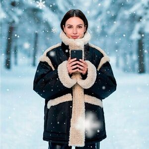 Stand Studio Black and Cream Shearling Jacket